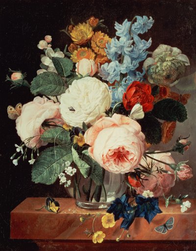 Vase of Flowers on a marble ledge by T.F. Ehaerts